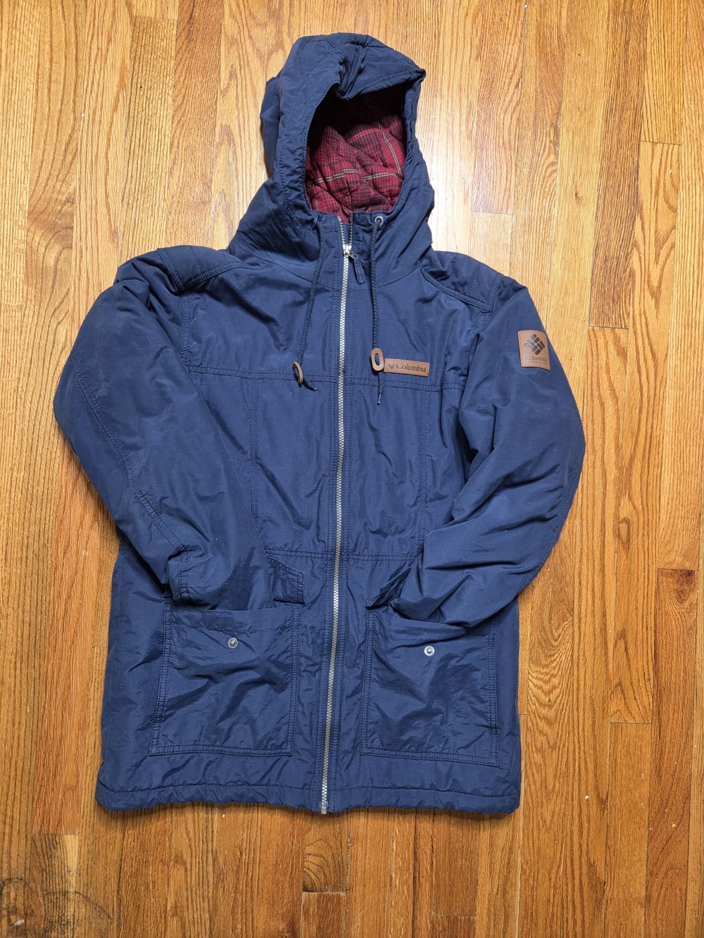 Columbia Men's Navy Hooded Coat with Red Plaid Lining